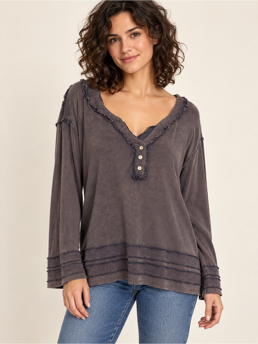POL Washed Charcoal Long-Sleeve V-Neck Henley